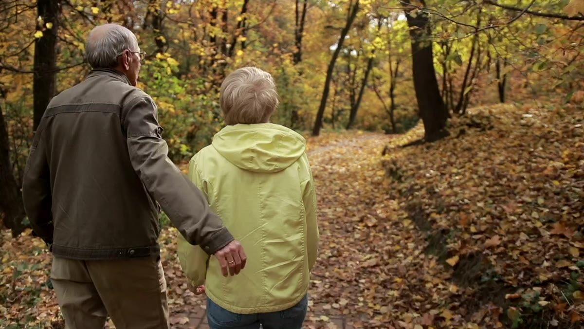 An older couple walking arm in arm through autumn woodland in Michigan